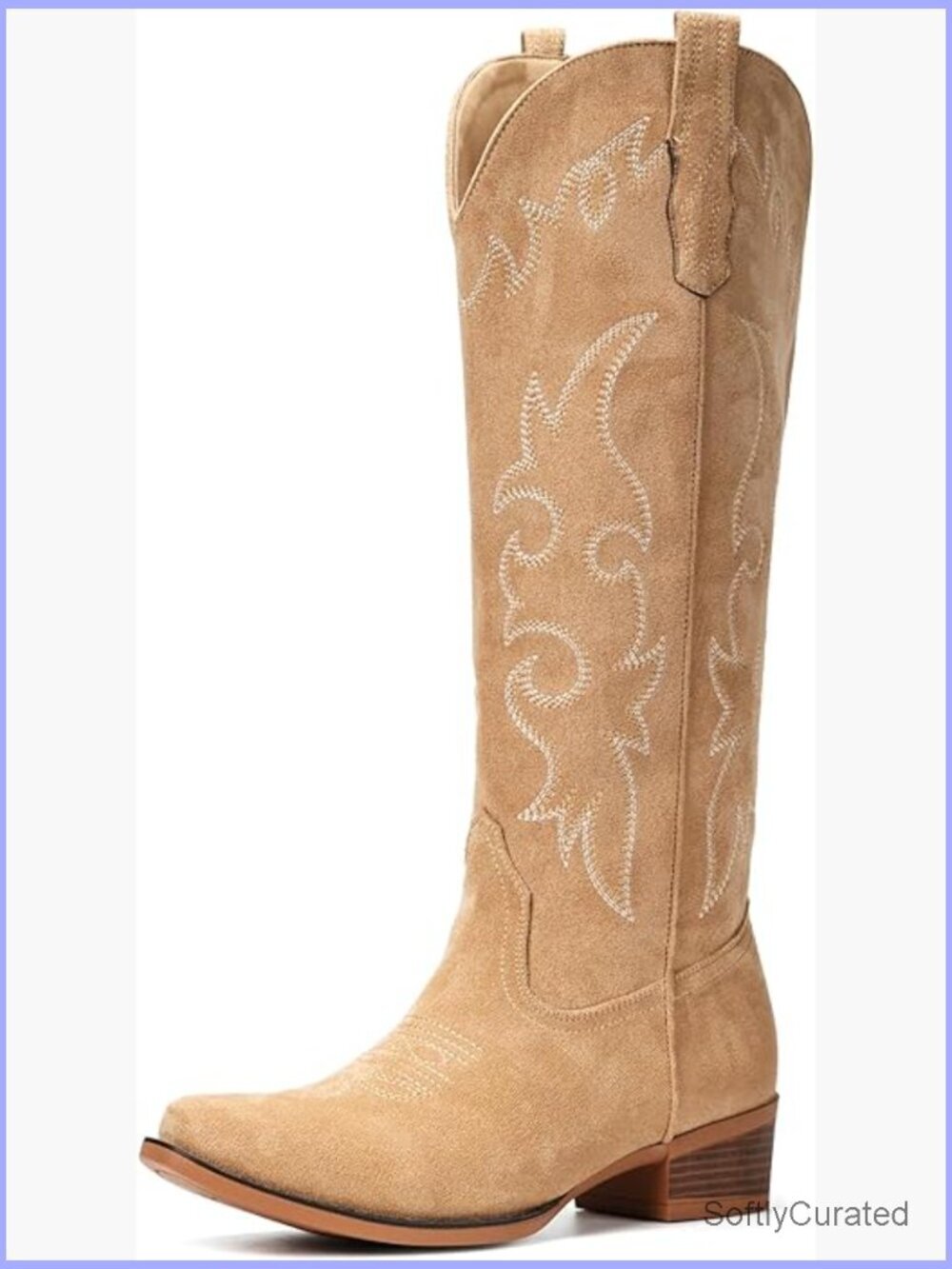 Knee High Suede Cowgirl Boots Pointed Toe Low Heel Embroidered Western